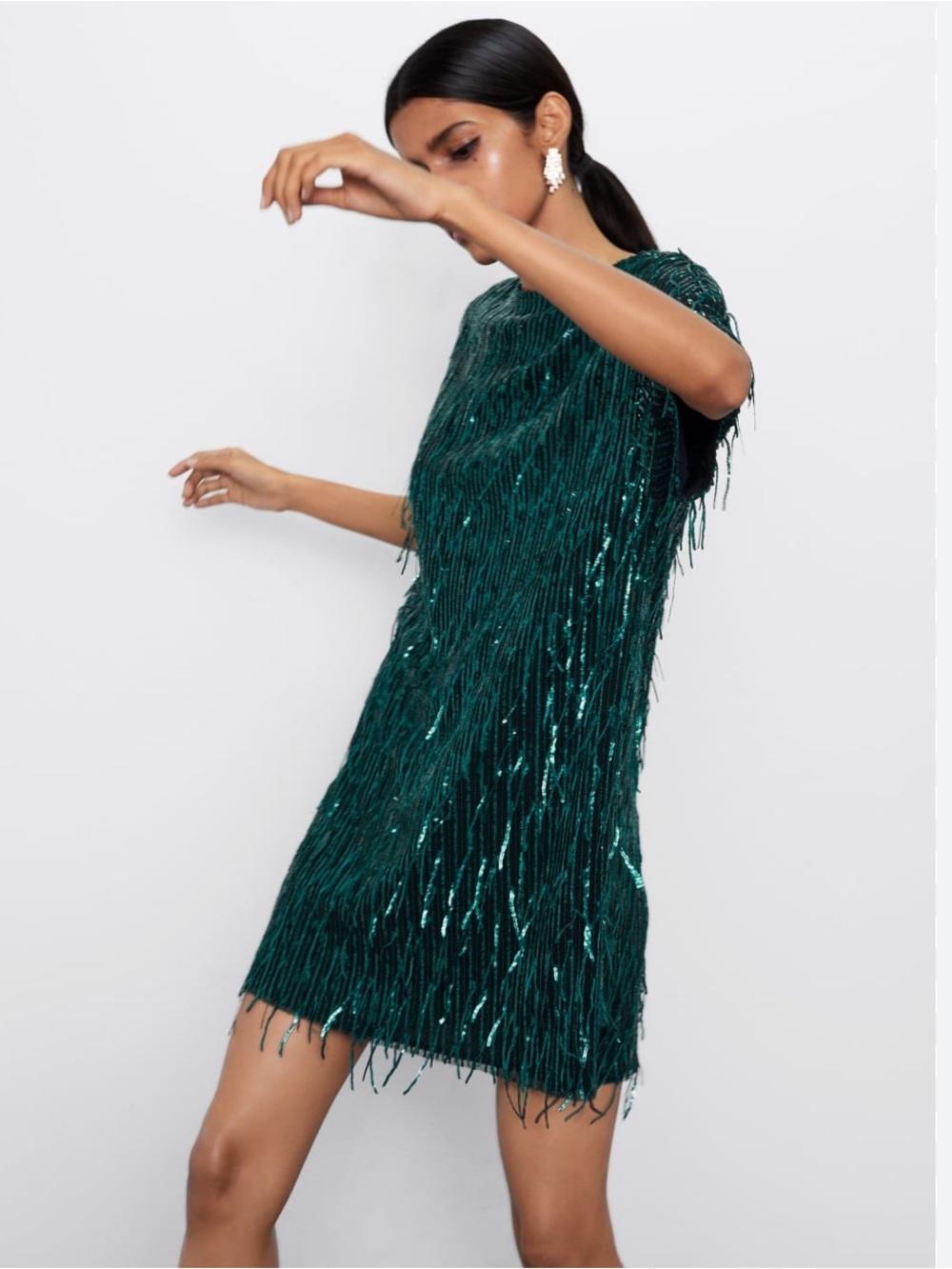 Zara Emerald Green Sequin Fringe Mini Dress - Picture 3 of 12